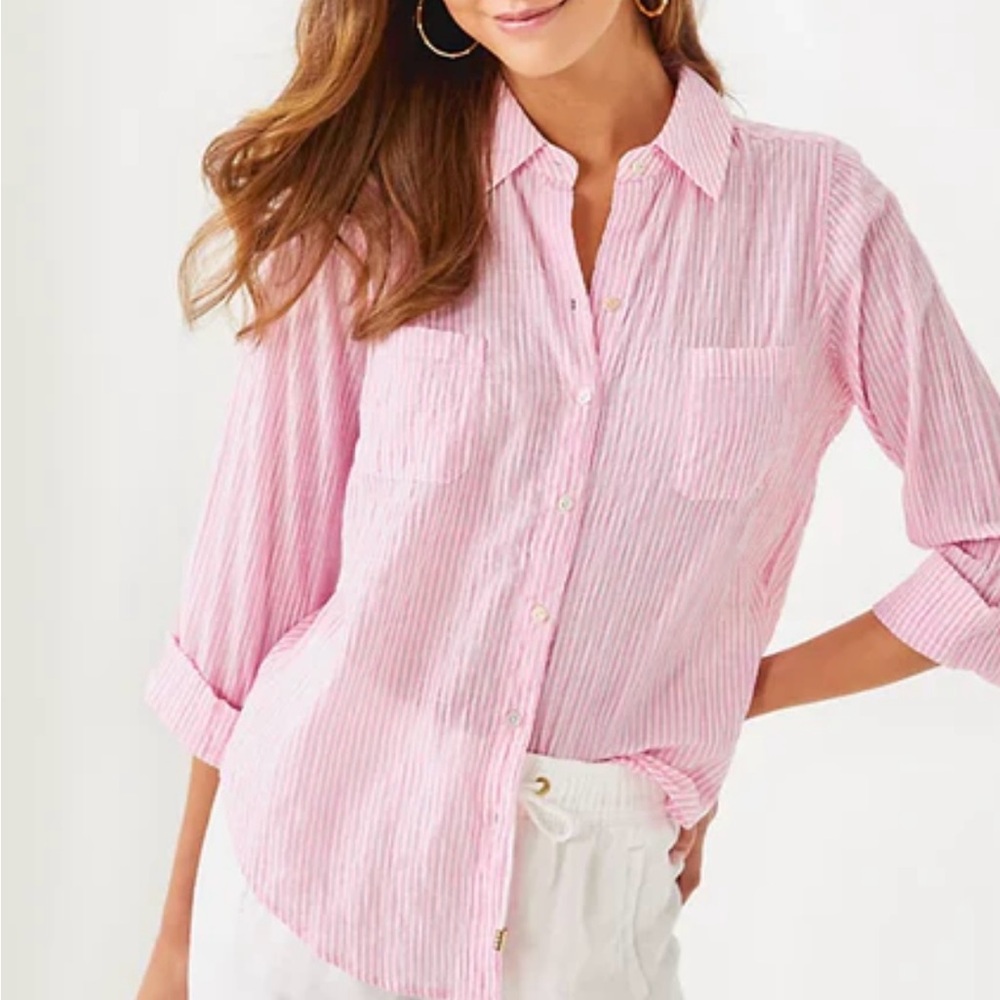 Lilly Pulitzer Sea view button down in conch shell pink X res size large NEW!